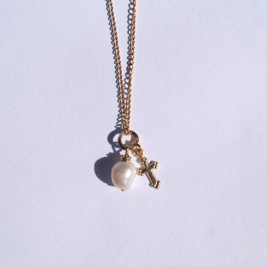 Large Pearl + Cross Charm Necklace