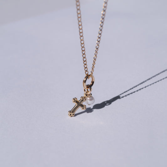 Small Pearl + Cross Charm Necklace