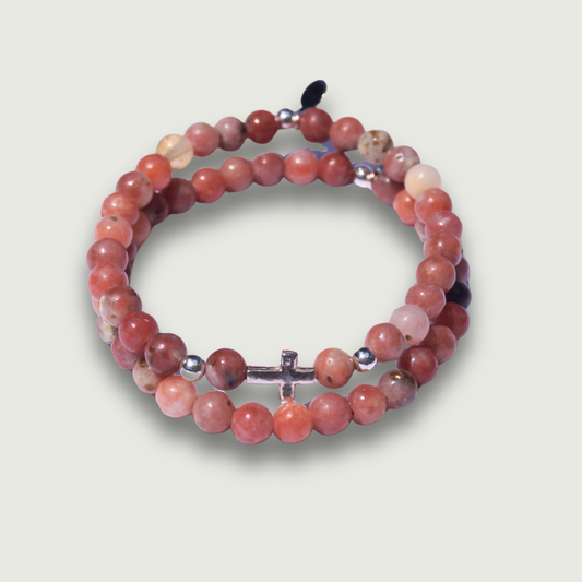 Dusty Rose + Sterling Silver Cross - Bracelet Set