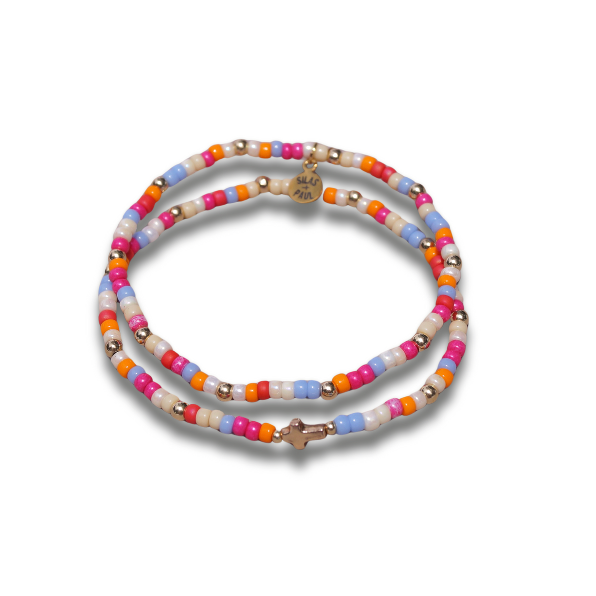Mixed Beads + Cross Set, two glass bead bracelets with gold-filled cross