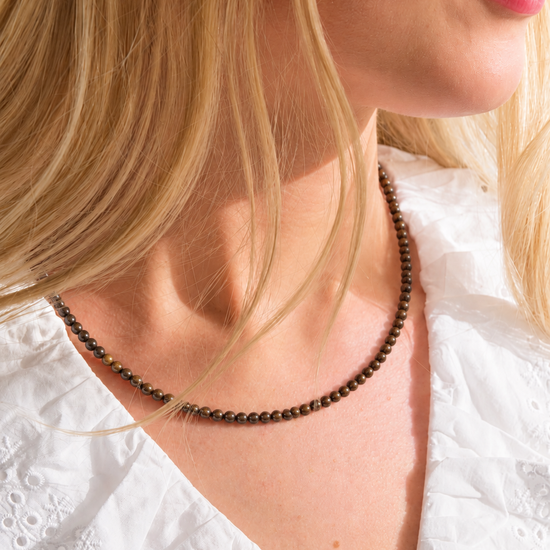 Close-up of the Bronzite Beaded Necklace showing 4mm stones and gold-filled extender