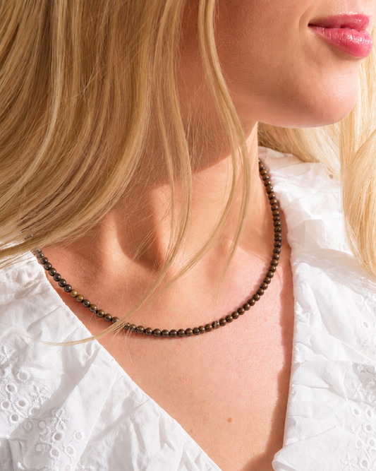 Close-up of the Bronzite Beaded Necklace showing 4mm stones and gold-filled extender