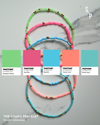 Three beaded bracelets in pink, green, and blue with corresponding Pantone color swatches on a marble background.