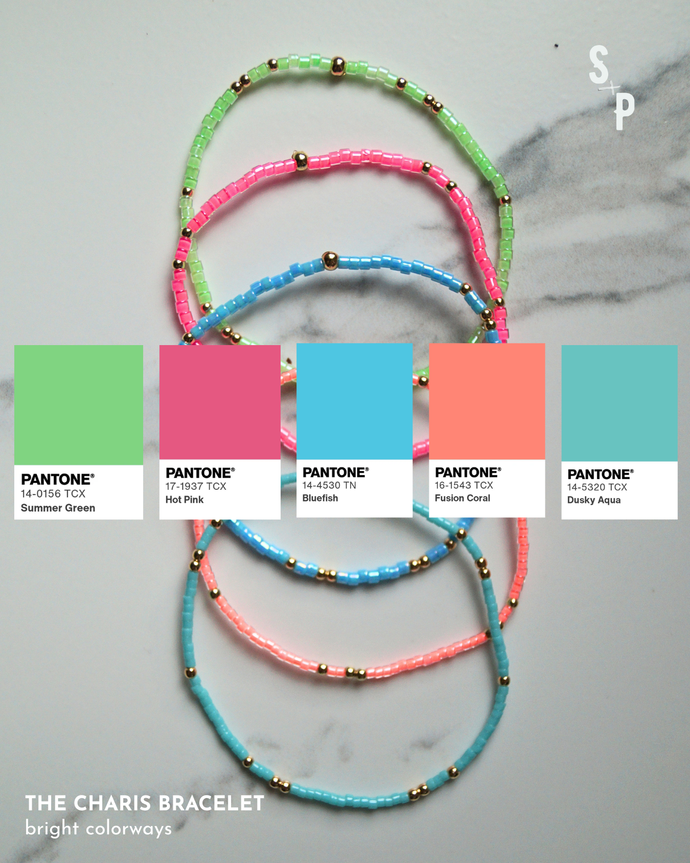 Three beaded bracelets in pink, green, and blue with corresponding Pantone color swatches on a marble background.