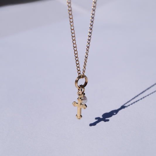 Small Pearl + Cross Charm Necklace