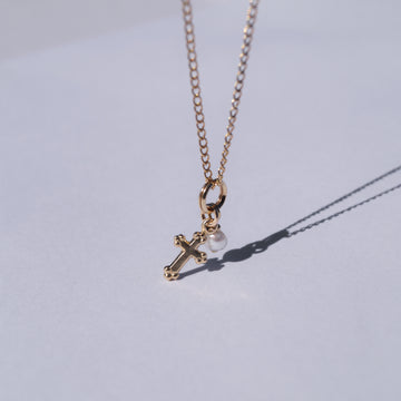 Small Pearl + Cross Charm Necklace