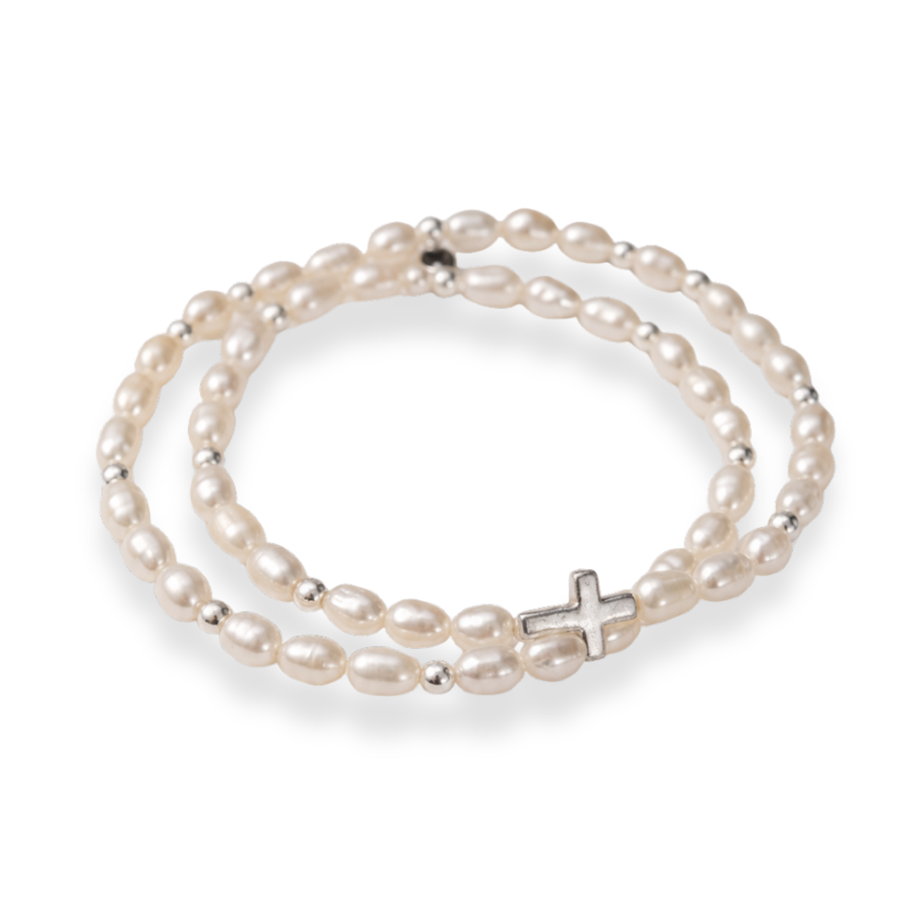 Two pearl bracelets, one with silver cross, on transparent white background