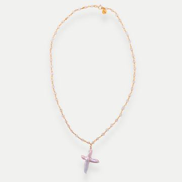 Necklace with a purple cross pendant on a white background