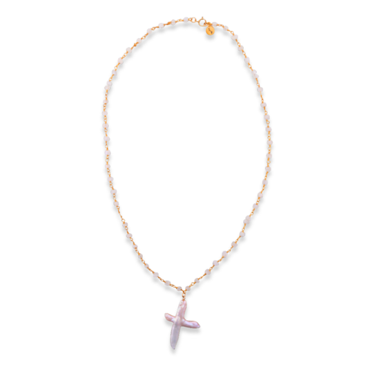 Necklace with a purple cross pendant on a white background