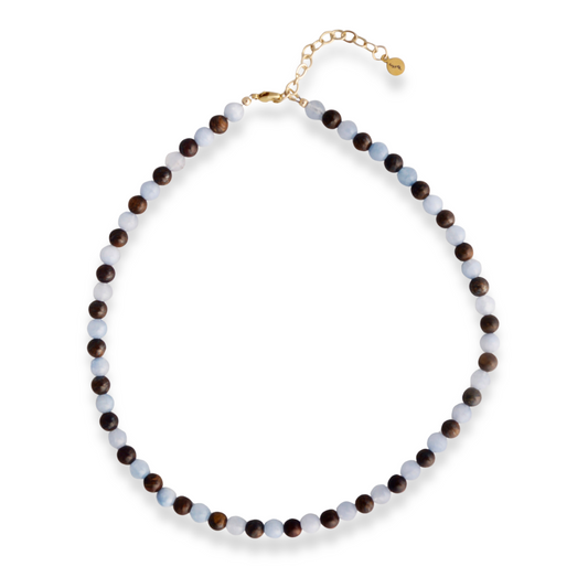 Aquamarine and Bronzite Beaded Necklace with 14k gold-filled clasp and extender, flat 