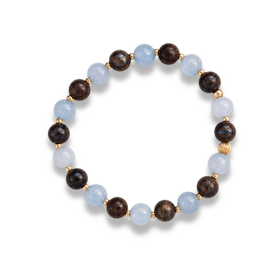 Aquamarine and Bronzite Beaded Bracelet with 14k gold-filled accents on a white background