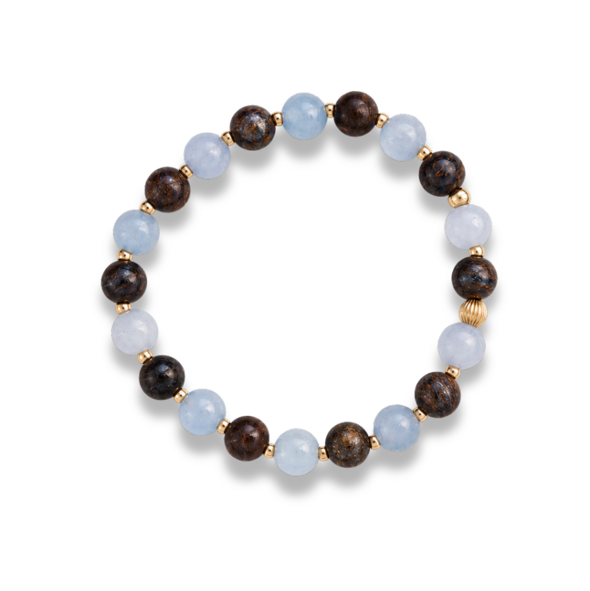 Aquamarine and Bronzite Beaded Bracelet with 14k gold-filled accents on a white background