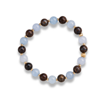 Aquamarine and Bronzite Beaded Bracelet with 14k gold-filled accents on a white background