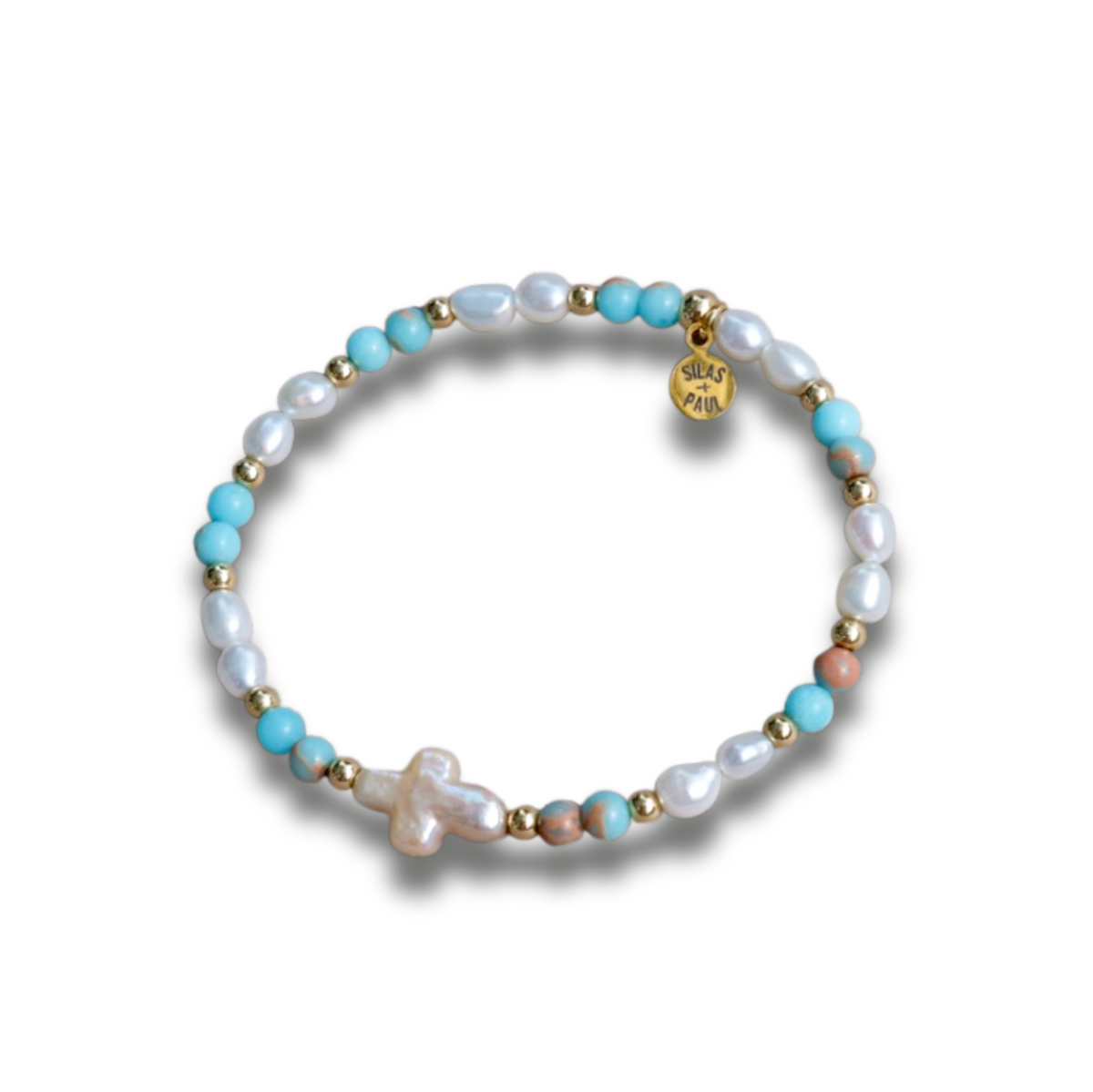 New Kingdom Bracelet with Pearl Cross in Sea Blue jasper and freshwater pearls